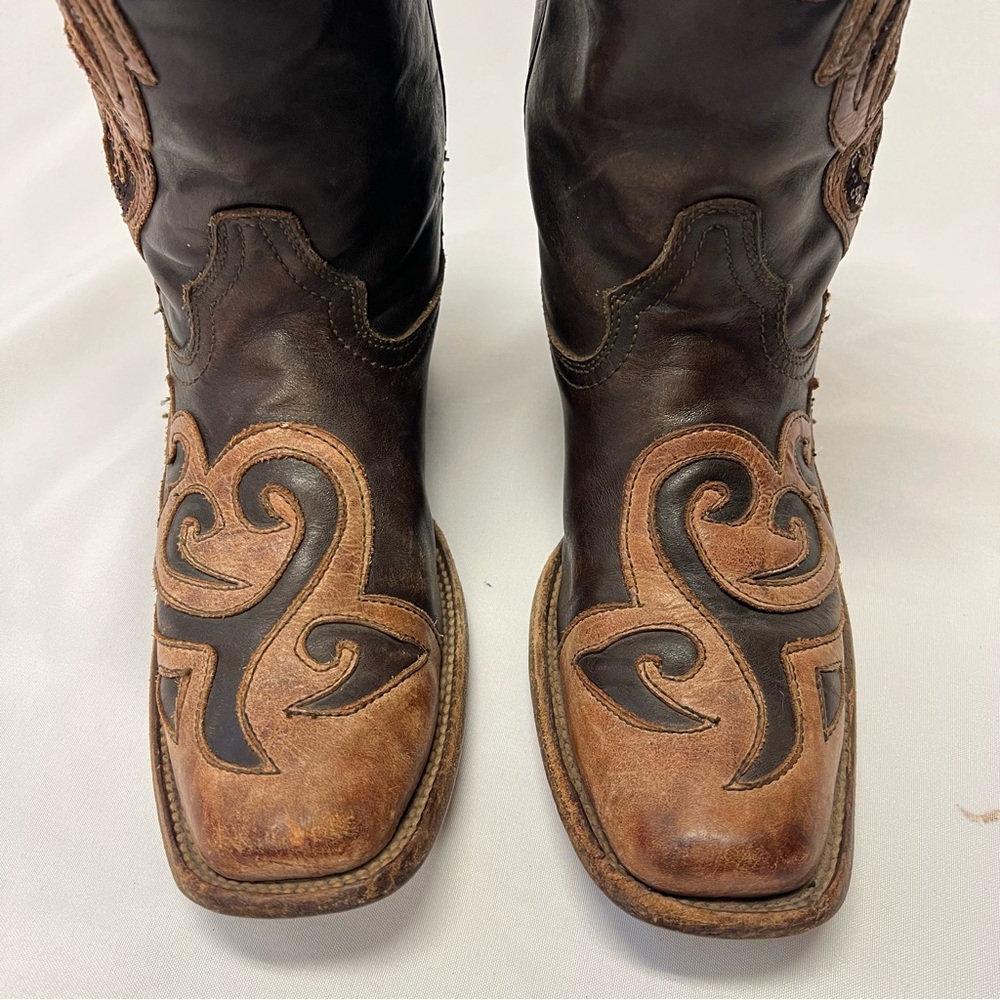 Corral Women’s Leather Two Tone Inlay Brown Square Toe Cowboy Boots Size 9.5 - Picture 3 of 9